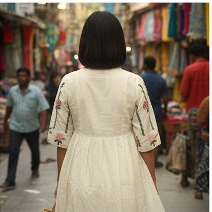 Ivory Floral Embroidered A-Line Kurti