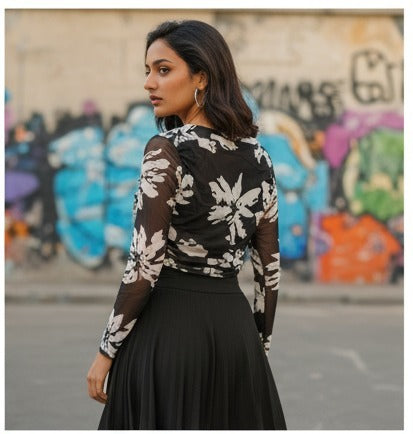 Black Floral Mesh Crop Top