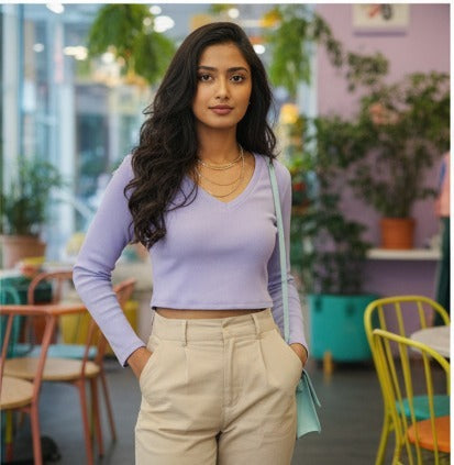 Lilac Ribbed Long-Sleeve Crop Top