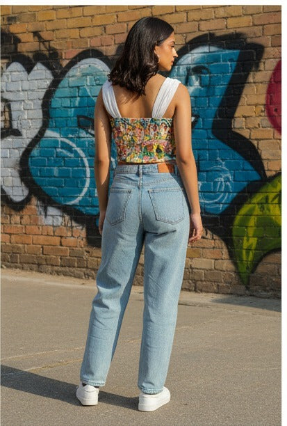 Colorful Floral Printed Crop Top with White Straps