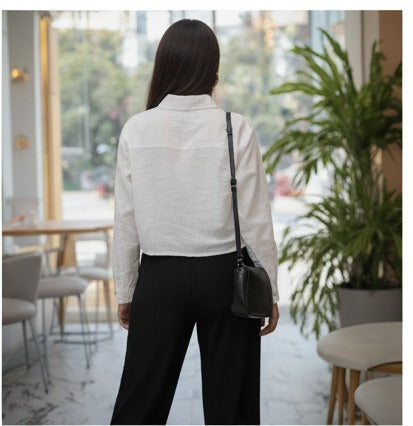 White Cropped Button-Down Shirt with Bow Embroidery