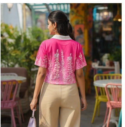 Pink Floral Printed Cropped Polo Top