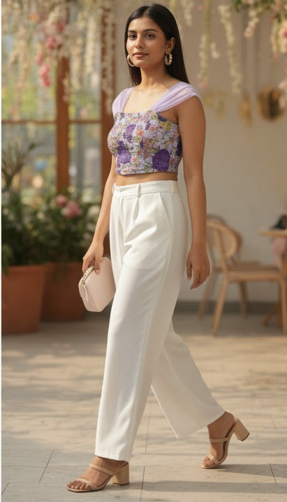 Lavender Floral Smocked Crop Top with Tulle Sleeves