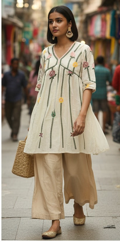 Ivory Floral Embroidered A-Line Kurti