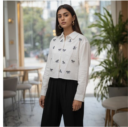 White Cropped Button-Down Shirt with Bow Embroidery