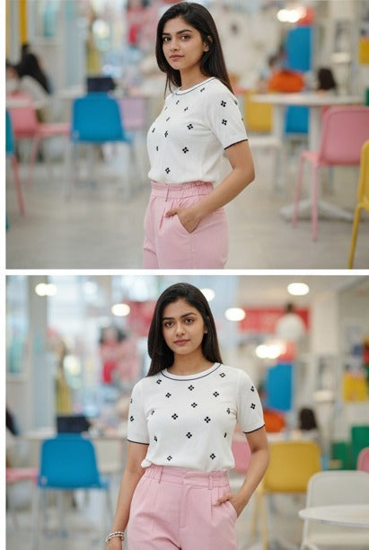 White Floral Embroidered Short Sleeve Knit Top