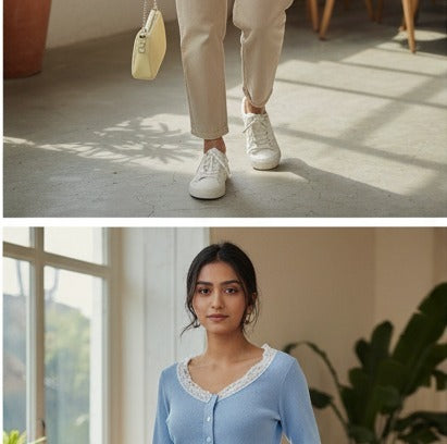 Sky Blue Lace-Trimmed Cropped Cardigan