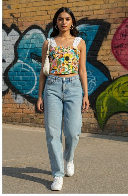 Colorful Floral Printed Crop Top with White Straps