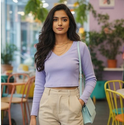 Lilac Ribbed Long-Sleeve Crop Top