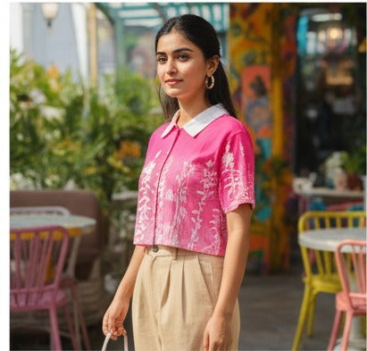 Pink Floral Printed Cropped Polo Top