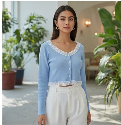 Sky Blue Cropped Cardigan with Lace Trim