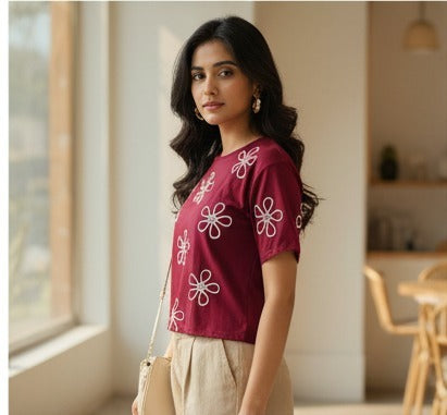 Maroon Floral Embroidered Crop Top