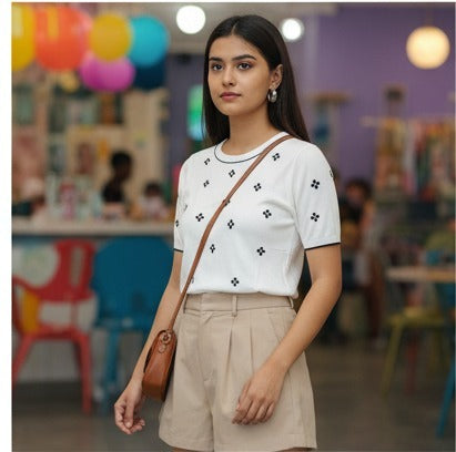 White Floral Embroidered Short Sleeve Sweater