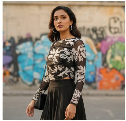 Black Floral Mesh Crop Top