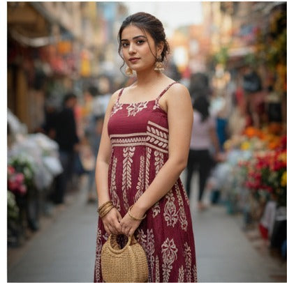 Maroon Ethnic Floral Print Maxi Dress