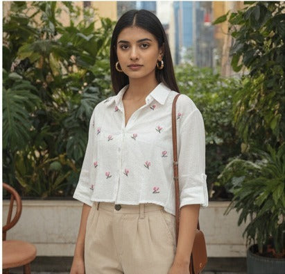 White Embroidered Cropped Button-Up Shirt