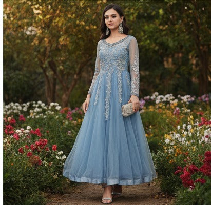 Powder Blue Embroidered Tulle Maxi Dress