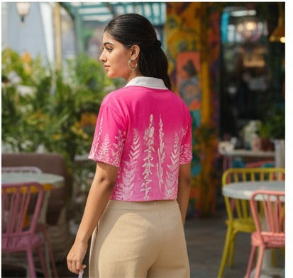 Pink Floral Printed Cropped Polo Top