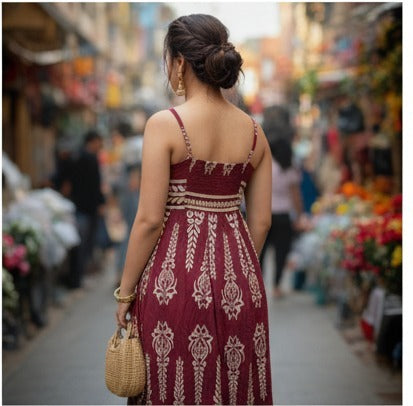 Maroon Ethnic Floral Print Maxi Dress