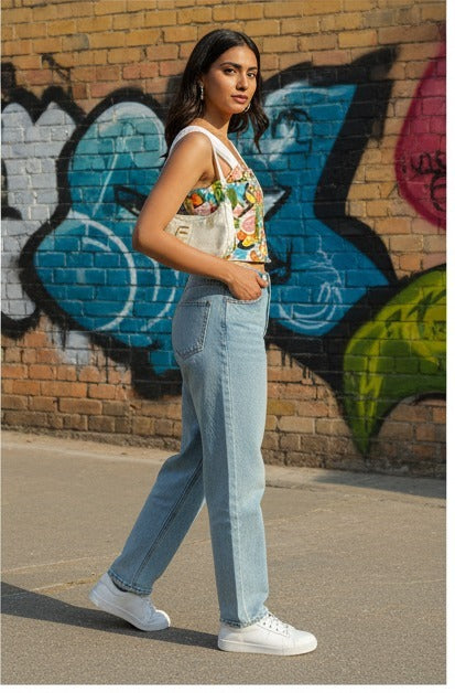 Colorful Floral Printed Crop Top with White Straps
