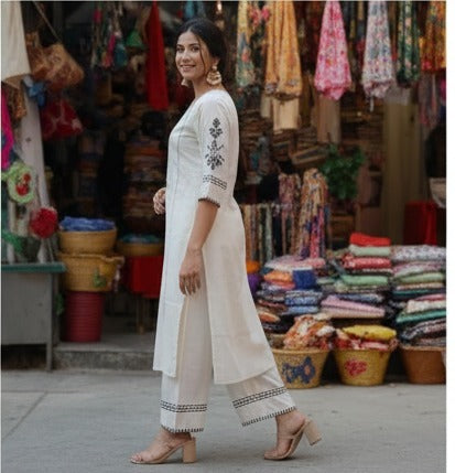 Ivory Embroidered Kurti with Matching Palazzo Set