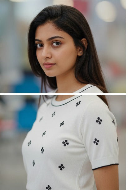 White Floral Embroidered Short Sleeve Knit Top