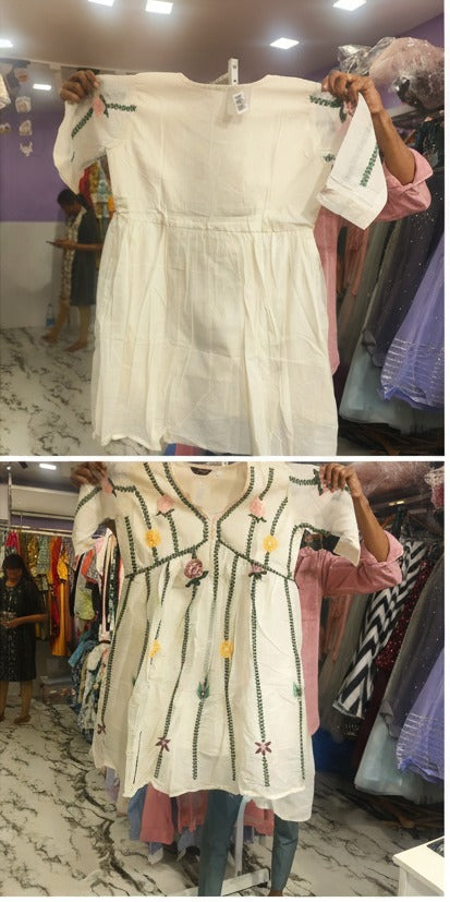 Ivory Floral Embroidered A-Line Kurti