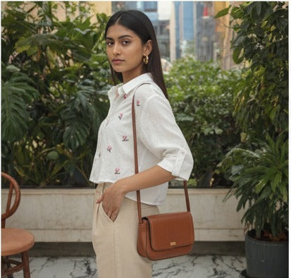 White Embroidered Cropped Button-Up Shirt