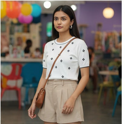White Floral Embroidered Short Sleeve Sweater