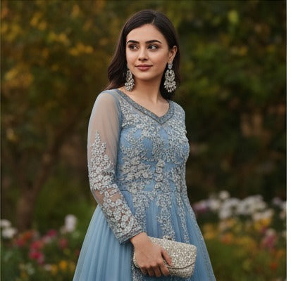 Powder Blue Embroidered Tulle Maxi Dress