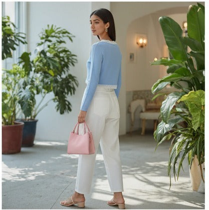 Sky Blue Cropped Cardigan with Lace Trim
