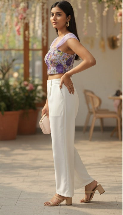 Lavender Floral Smocked Crop Top with Tulle Sleeves