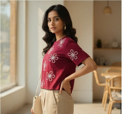 Maroon Floral Embroidered Crop Top