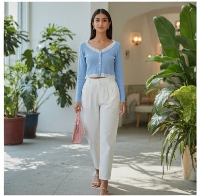 Sky Blue Cropped Cardigan with Lace Trim