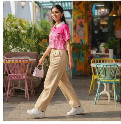 Pink Floral Printed Cropped Polo Top