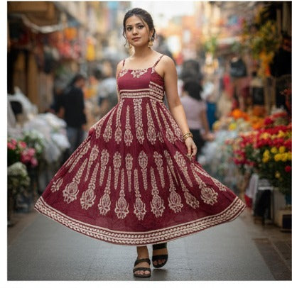 Maroon Ethnic Floral Print Maxi Dress