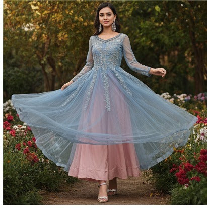 Powder Blue Embroidered Tulle Maxi Dress
