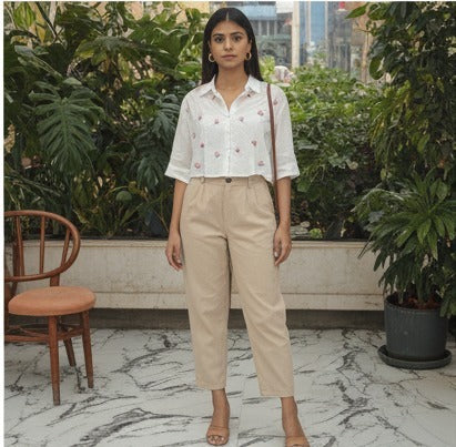 White Embroidered Cropped Button-Up Shirt