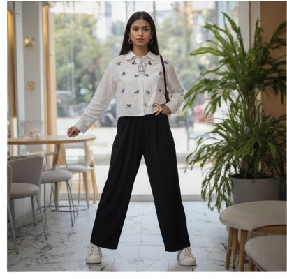 White Cropped Button-Down Shirt with Bow Embroidery