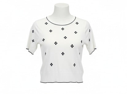 White Floral Embroidered Short Sleeve Knit Top