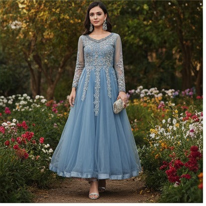Powder Blue Embroidered Tulle Maxi Dress