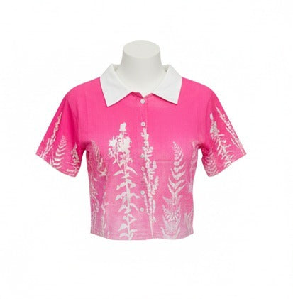Pink Floral Printed Cropped Polo Top