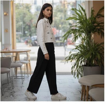 White Cropped Button-Down Shirt with Bow Embroidery