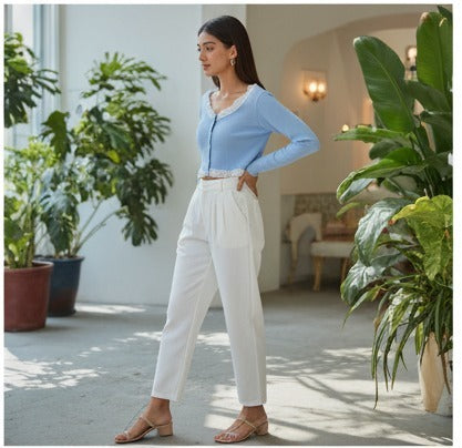 Sky Blue Cropped Cardigan with Lace Trim