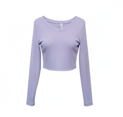 Lilac Ribbed Long-Sleeve Crop Top
