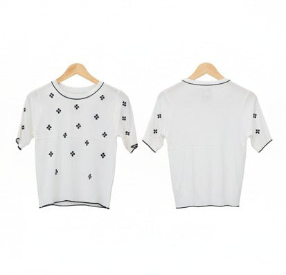 White Floral Embroidered Short Sleeve Sweater