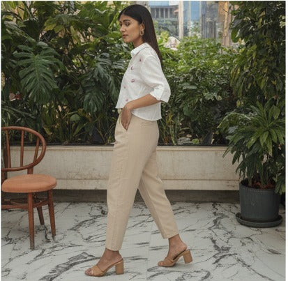 White Embroidered Cropped Button-Up Shirt